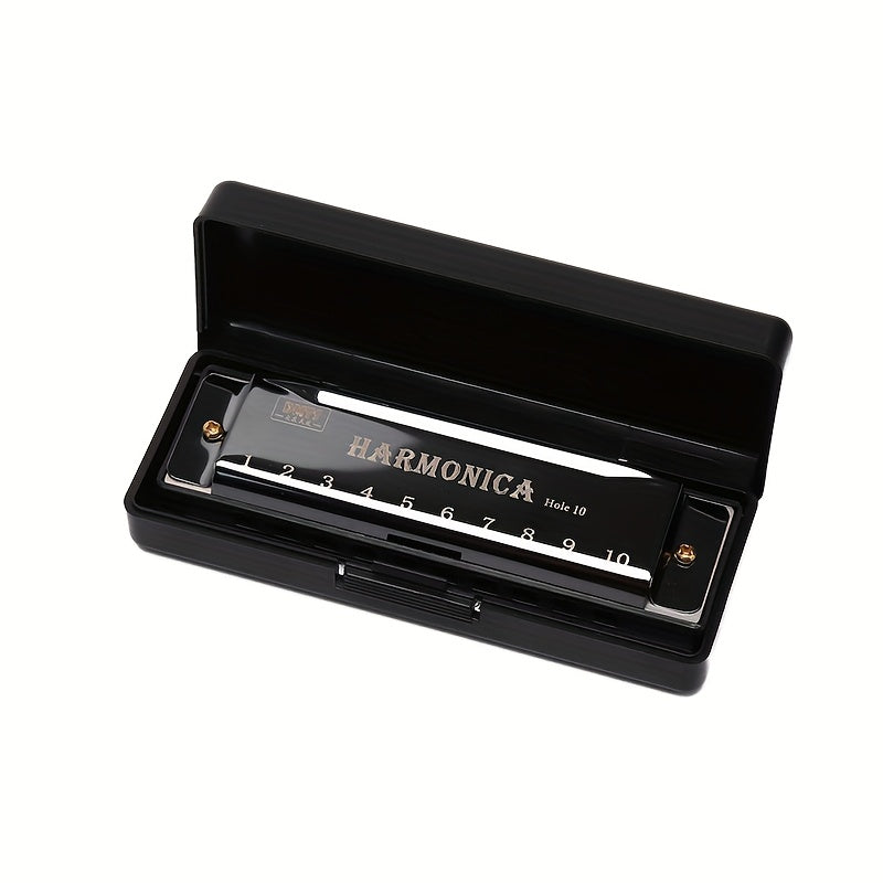 Black 10-Hole Harmonica Polished Metal and Resin for Beginners and Gifting