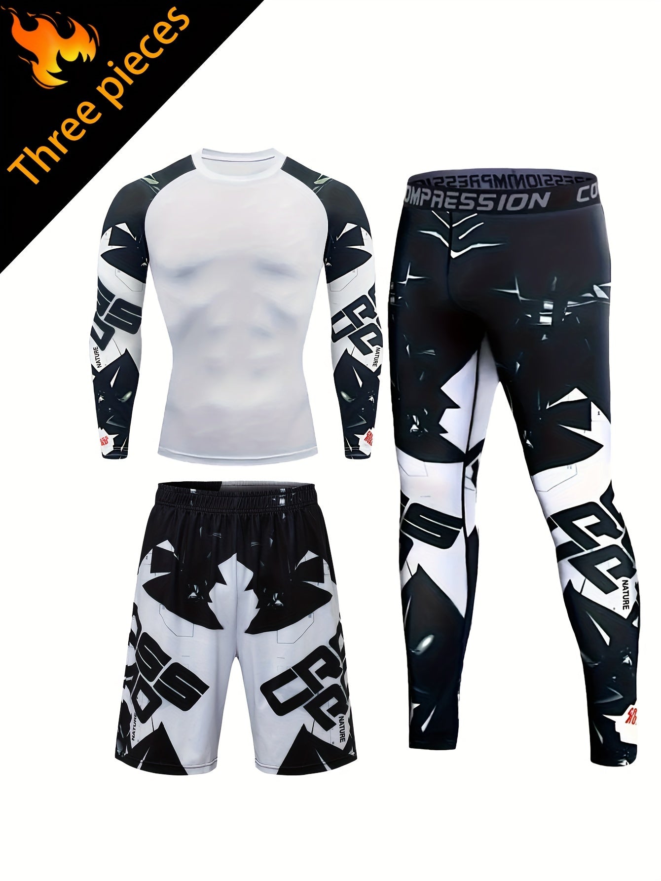 Men's White Camo Compression Sports Set Long Sleeve Top Shorts Fitness Gear
