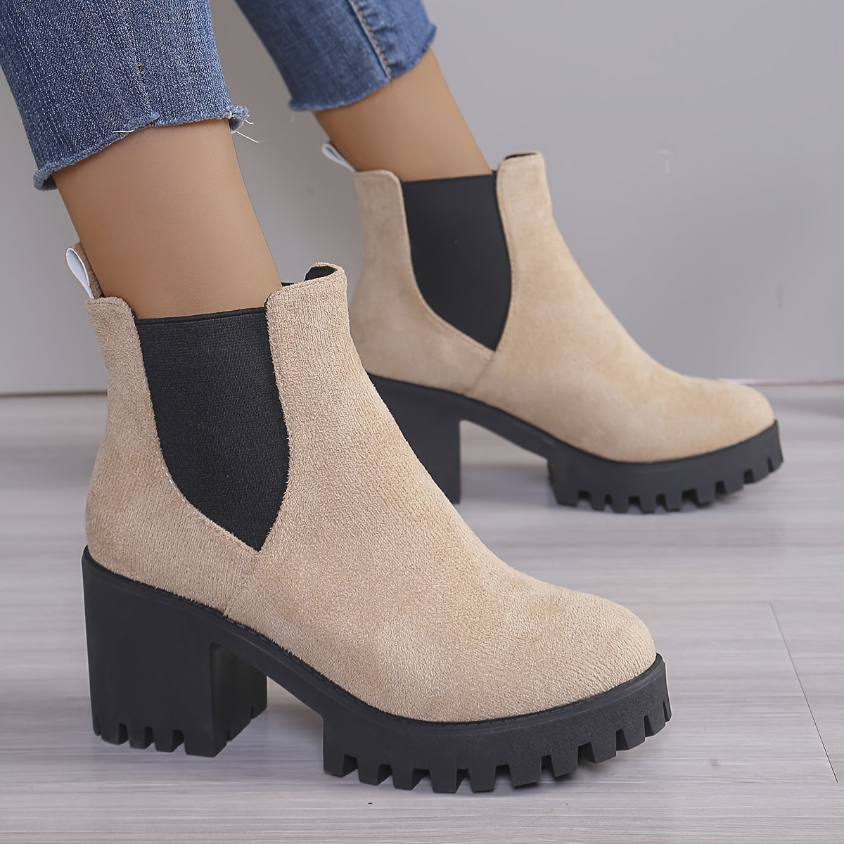 Women's Short Boots With Chunky Heel, Stretch Fabric, Comfortable Ankle Shoes