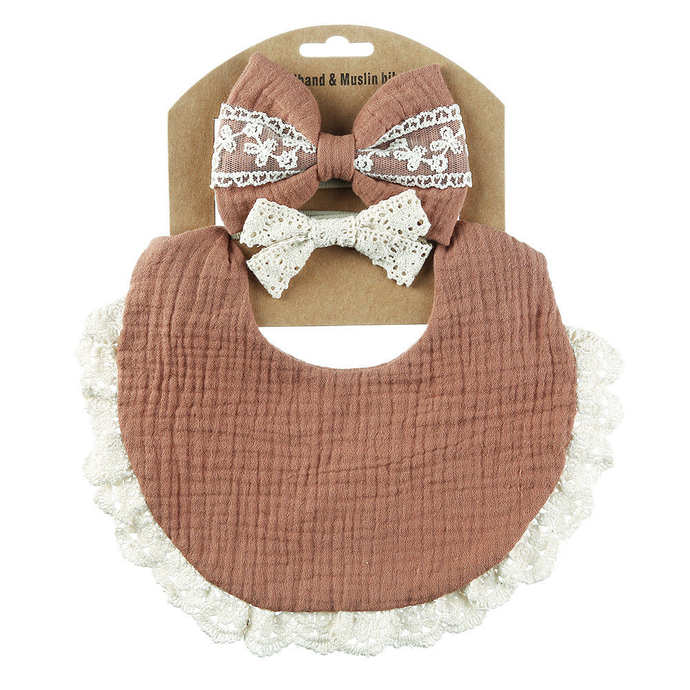 Baby Headbands and Bibs Set of Two with Stain-Resistant Baby Bib and Lace Bow Headband