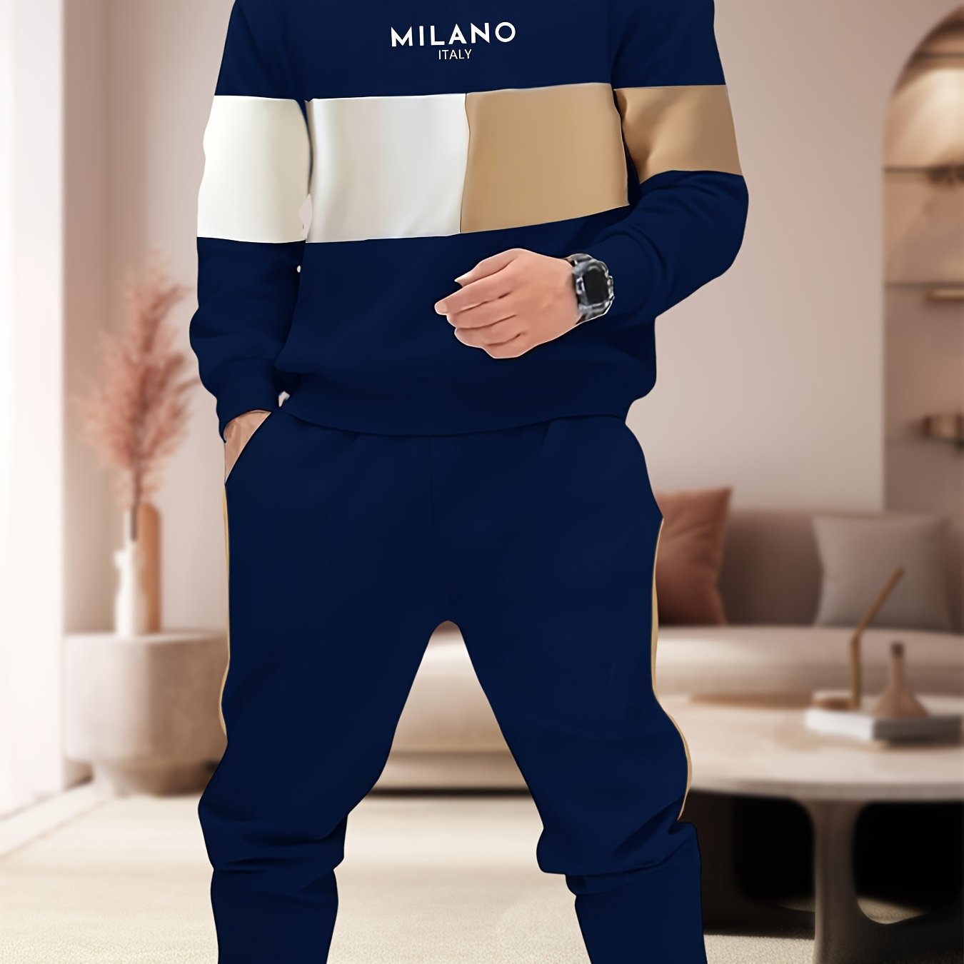 Erkaklar uchun tasodifiy 2-qism to'plami: Moda printli sviter va jogger - Polyester, mashinada yuvish mumkin, cho'ntakli dumaloq bo'yin - Kuz uchun ideal.