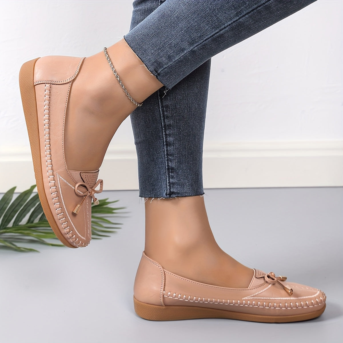 Women's White Faux Leather Slip-On Loafers with Bow Breathable Mesh