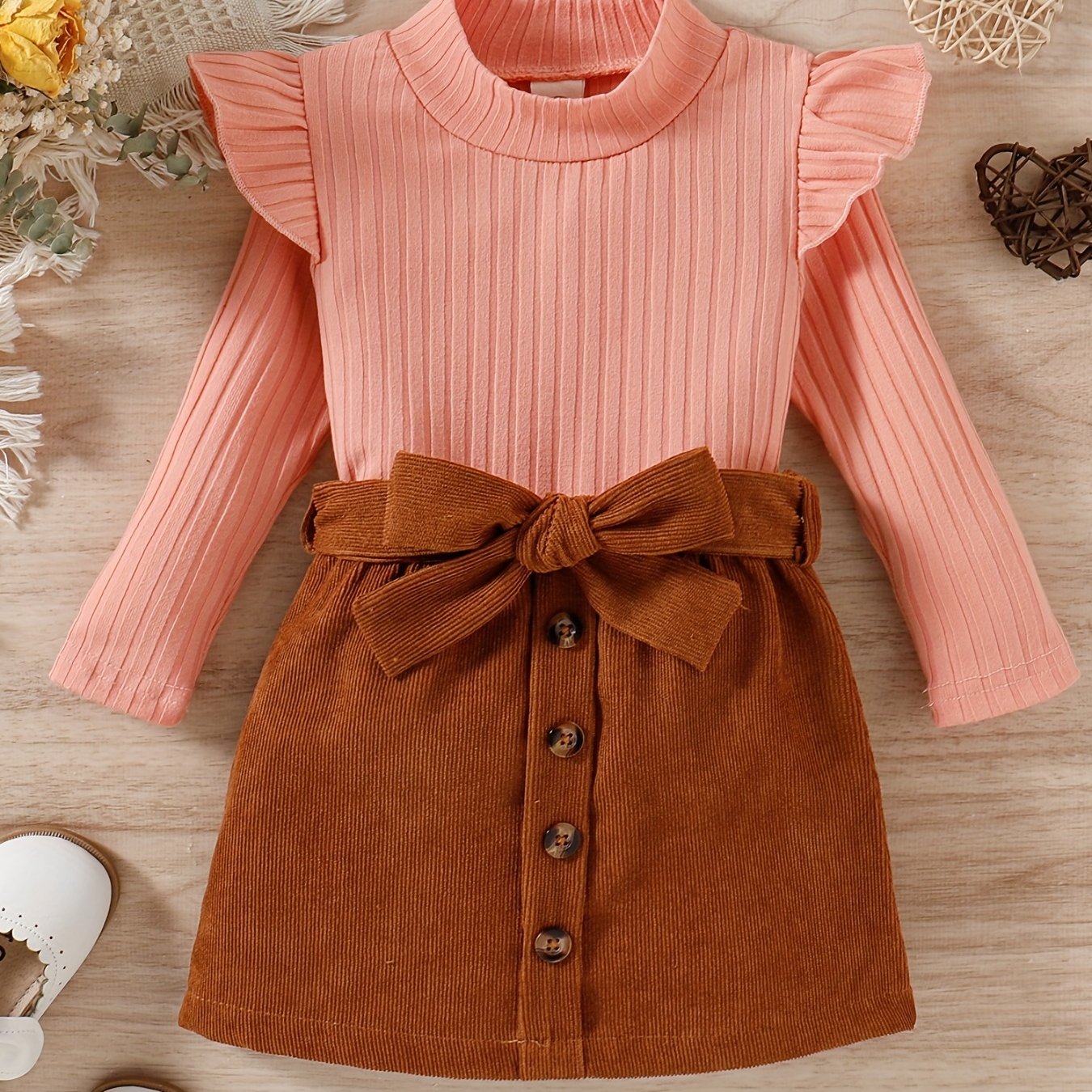 Baby Girls' Preppy Style Top and Corduroy Skirt Set for Fall Winter Outdoor Wear
