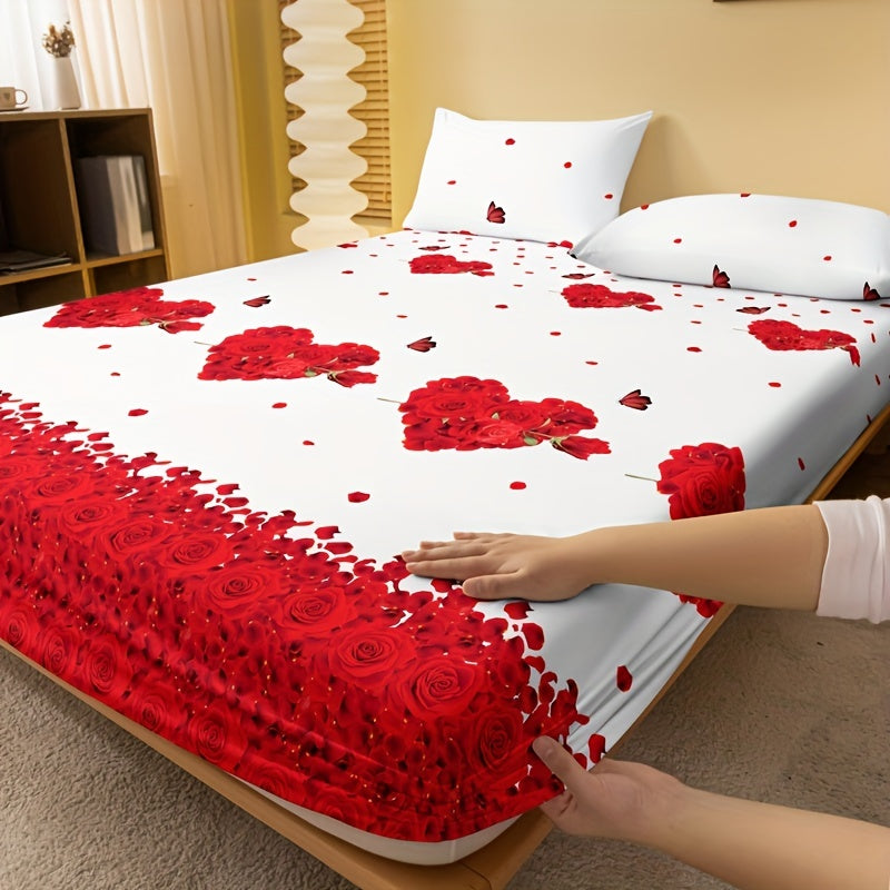 Fitted Sheet with Romantic Rose and Heart Print Deep Pockets Easy Wash for Bedroom Guest Room