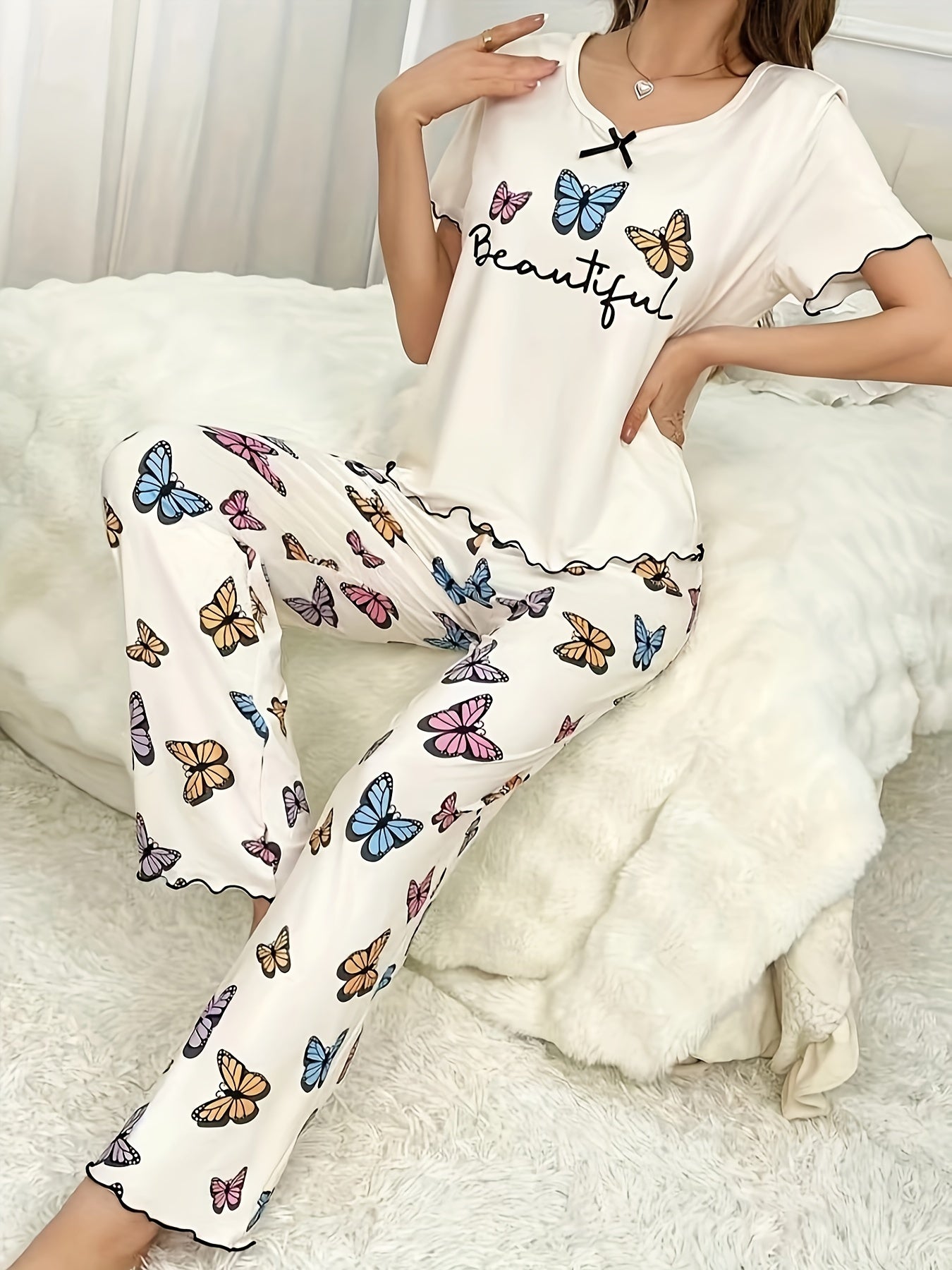 Women's Lounge Set Butterfly Letter Print Frill Trim Short Sleeve Round Neck Pajama Set