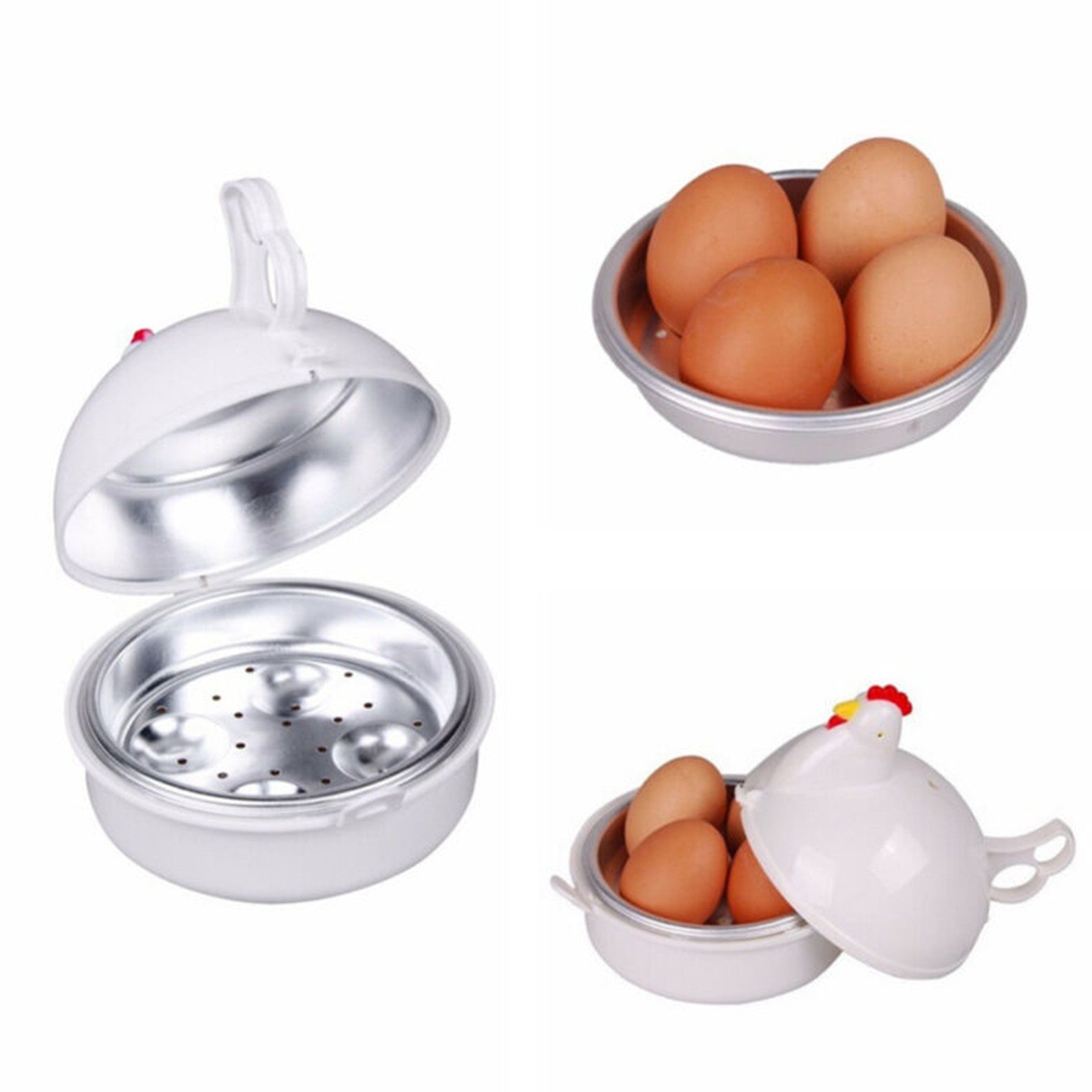 White Aluminum Alloy Egg Steamer with Chicken Shape, 4 Grids for Boiling and Steaming
