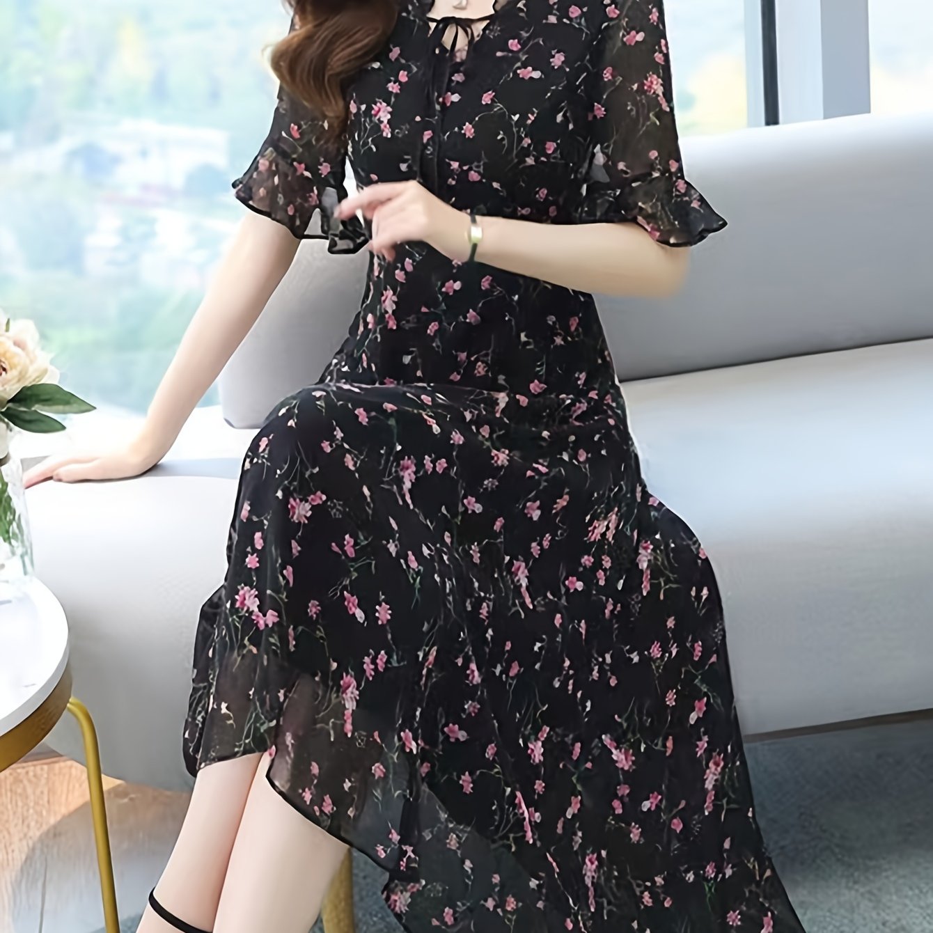 Women's Floral Print Tie Neck A-Line Dress Short Sleeve Spring Summer