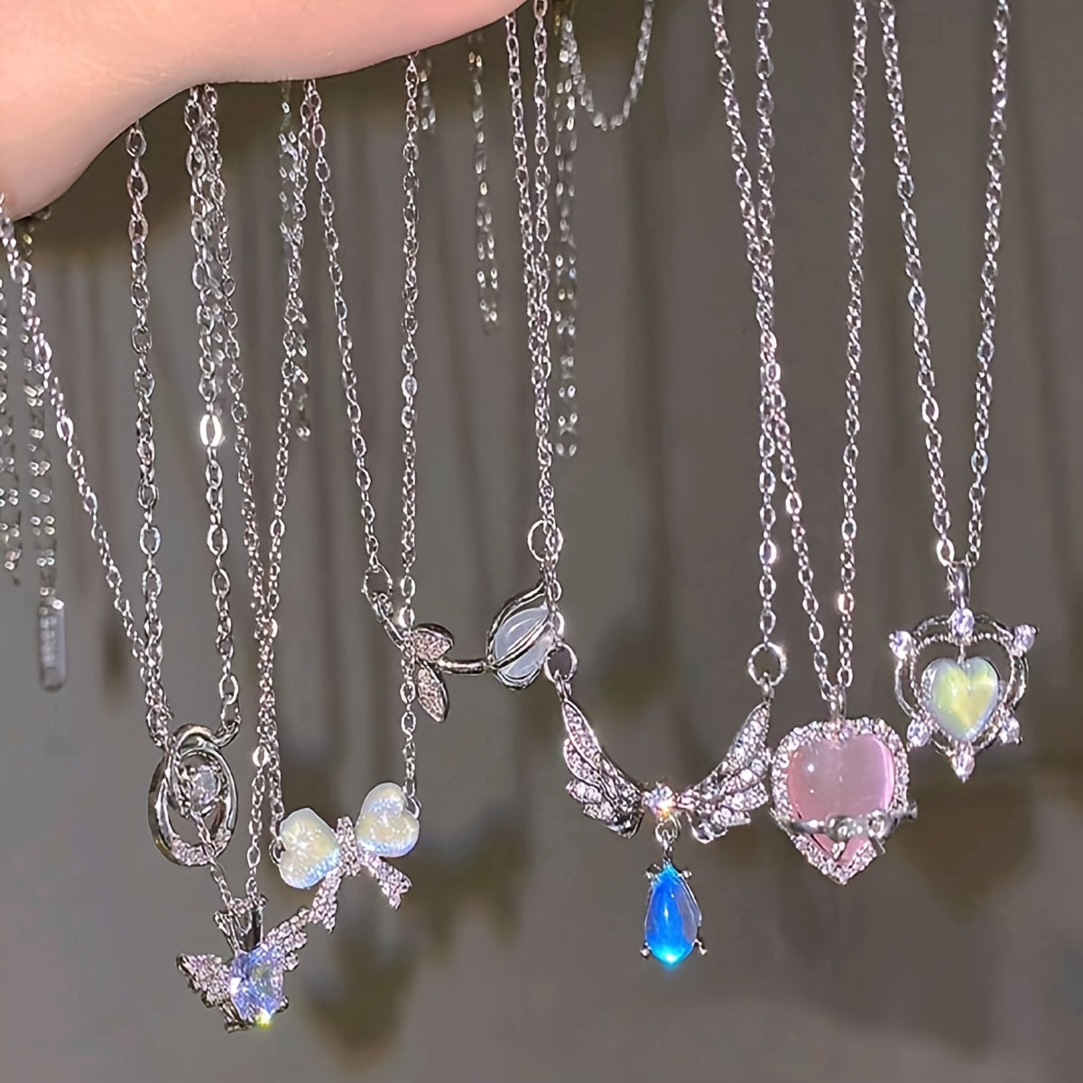 7-Piece Y2K Colorful Rhinestone Love Bow Necklace Set Titanium Steel for Engagement Wedding Gift