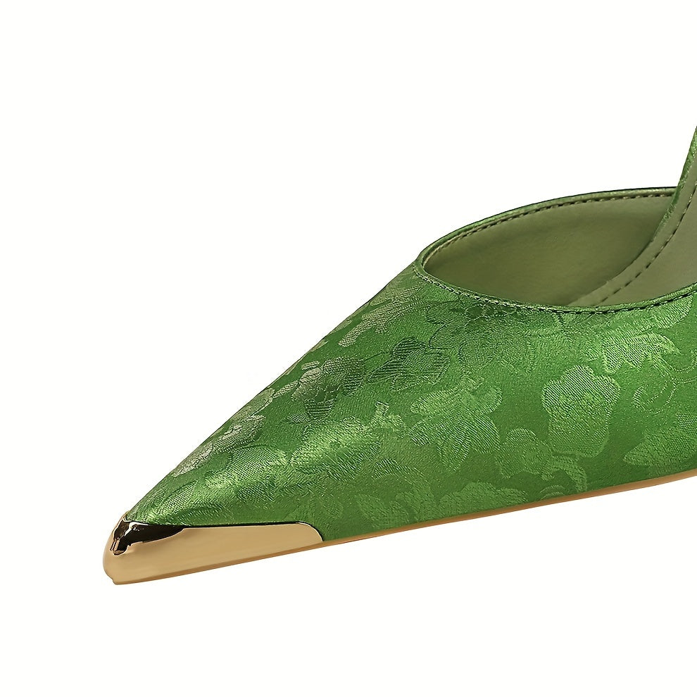 Women Satin High Heels with Slender Heel and Metallic Toe