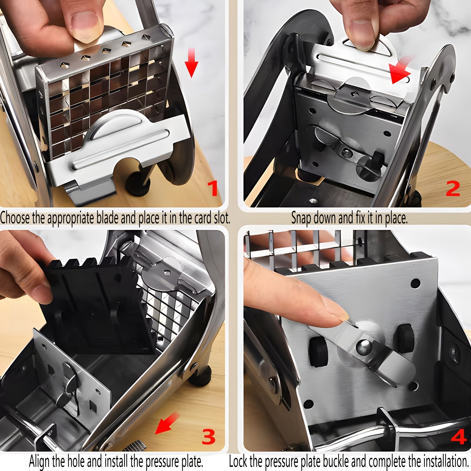 Yaxshilangan dizaynga ega zanglamas po'latdan yasalgan kartoshka kesgichi va oson foydalanish uchun vakuumli asos - uy va professional oshxonalar uchun ko'p maqsadli sabzavot va meva kesgichi