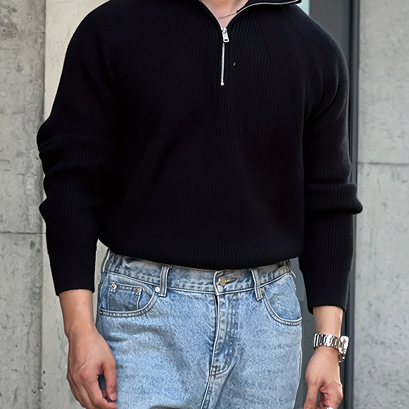 Men's Casual Zipper Pullover Sweater with Crew Neck Polyester Knit for Fall Winter