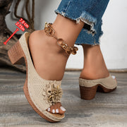 Women's Floral Beige High Heel Sandals with White Flowers for Weddings