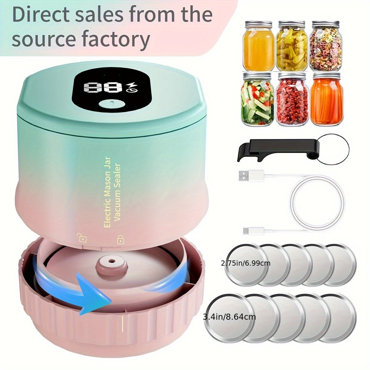 USB orqali qayta zaryadlanadigan batareyaga ega Elektrik Mason Jar Vacuum Sealer Kiti.