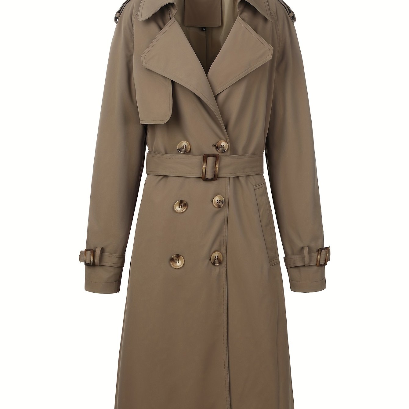 Women's Beige Polyester Trench Coat with Belt, Mid-Length, Double-Breasted for Fall and Winter
