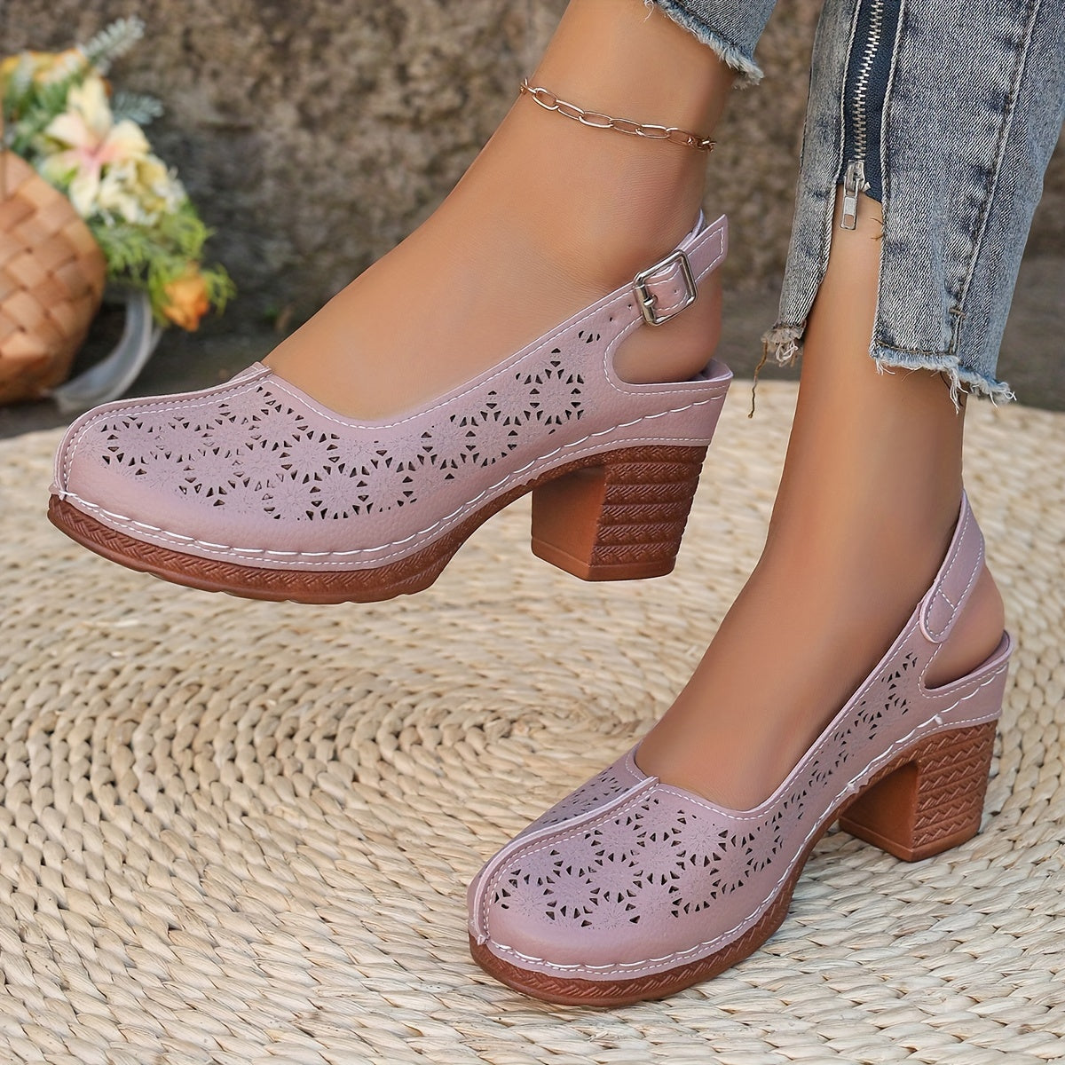 Women's High Heels Leather Closed Toe Strappy Chunky Heel Summer