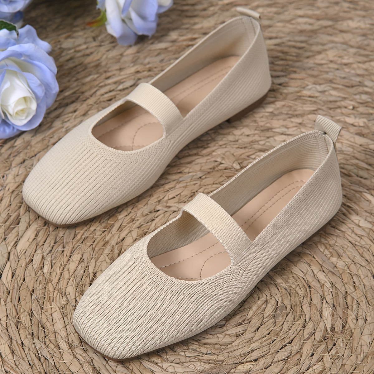 Women's Casual Knit Flats with Square Toe Fabric Upper Slip-On All-Season