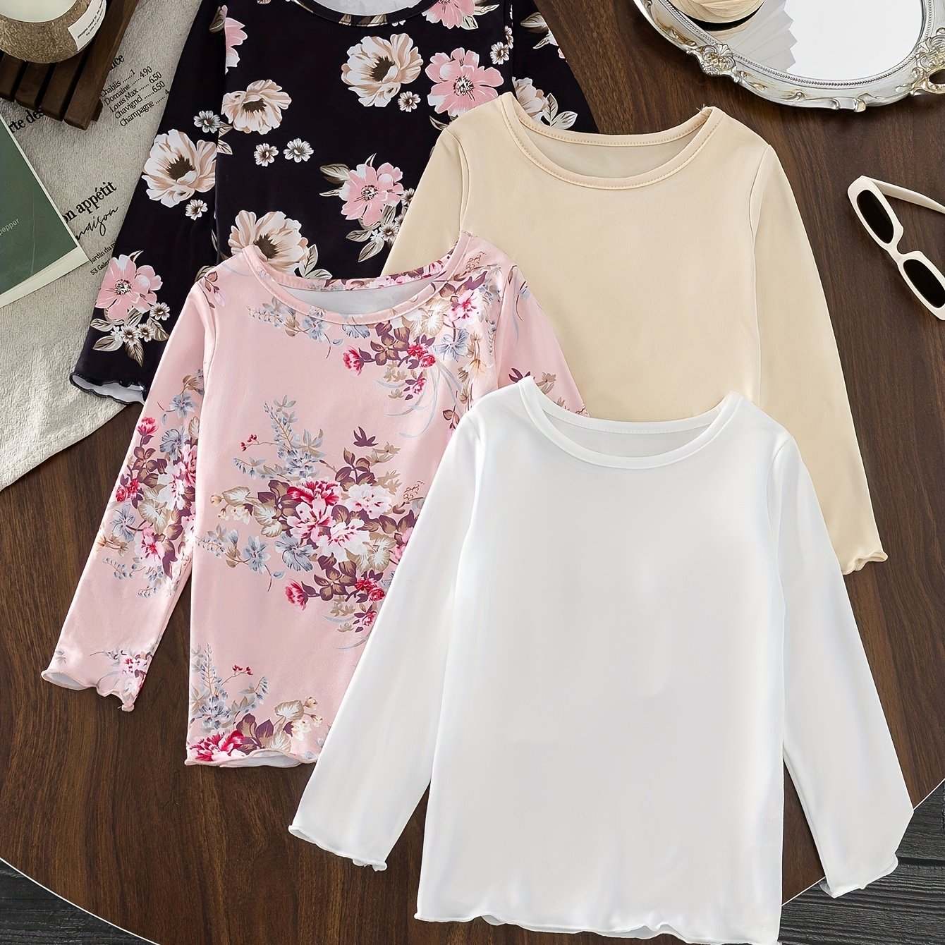Girls' Long Sleeve Knit Tops 4-Piece Set Spring Fall Floral Solid Colors Skinny Fit