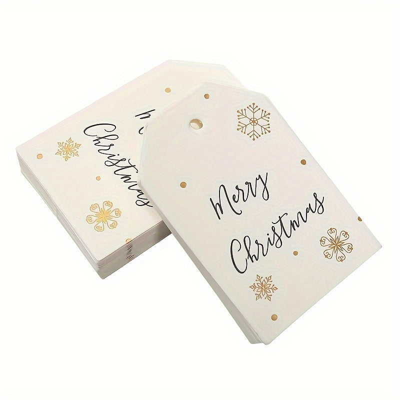 100 ta oq "Merry Christmas" yorliqlari to'plami, qor to'pi dizayni bilan - sovg'a kartalari va osma bezaklar uchun ideal