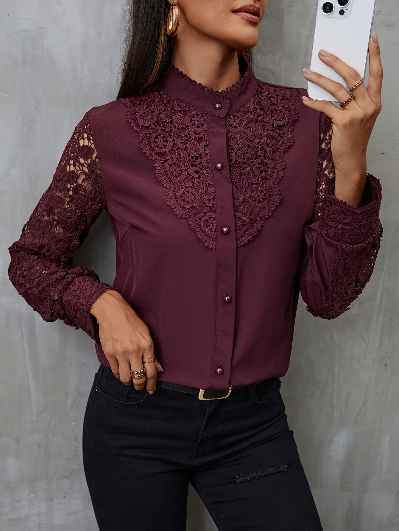 Women's Contrast Lace Blouse with Mandarin Collar and Long Sleeves