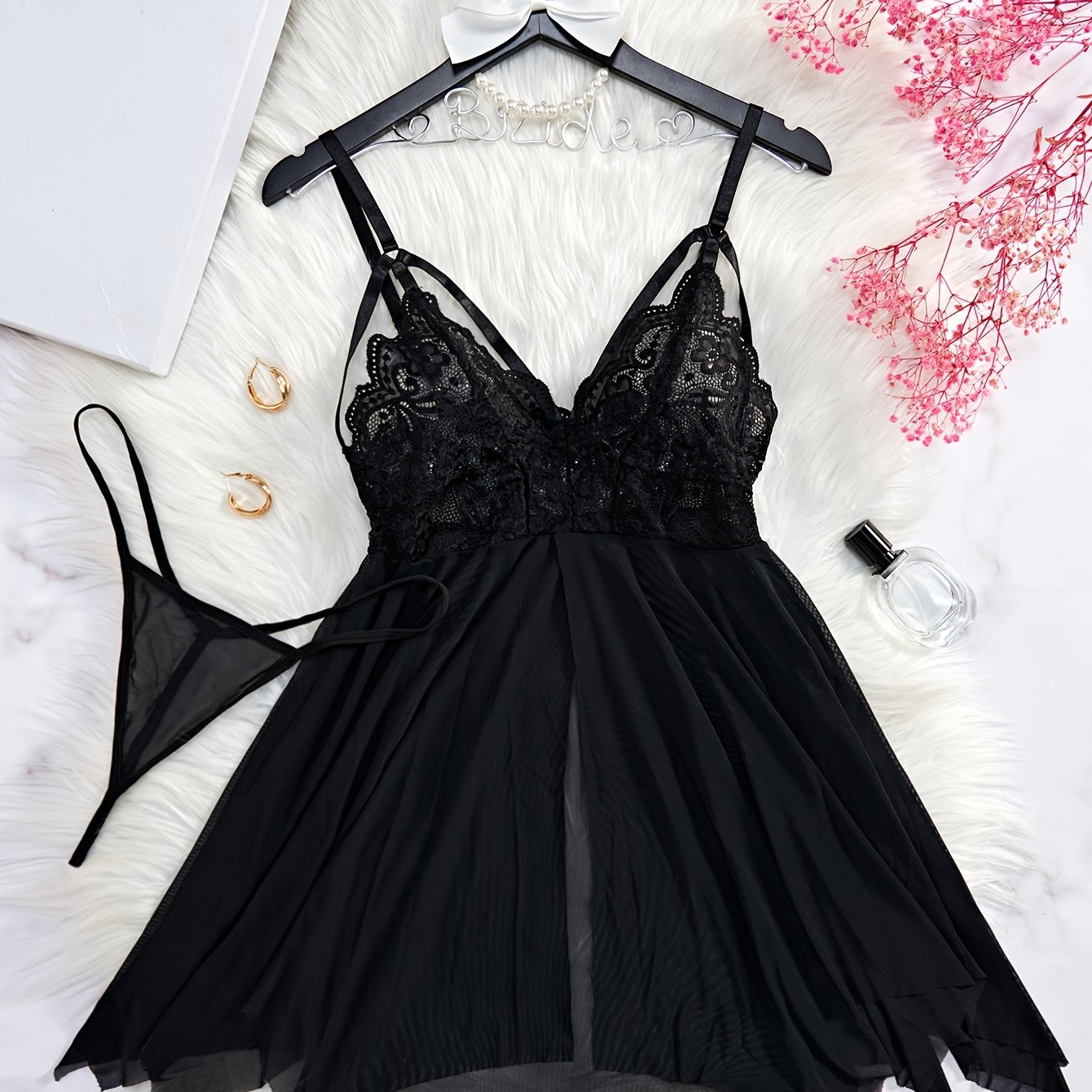 Women's Floral Lace Nightdress with Mesh Contrast V-Neck Backless Asymmetric Hem and Thongs