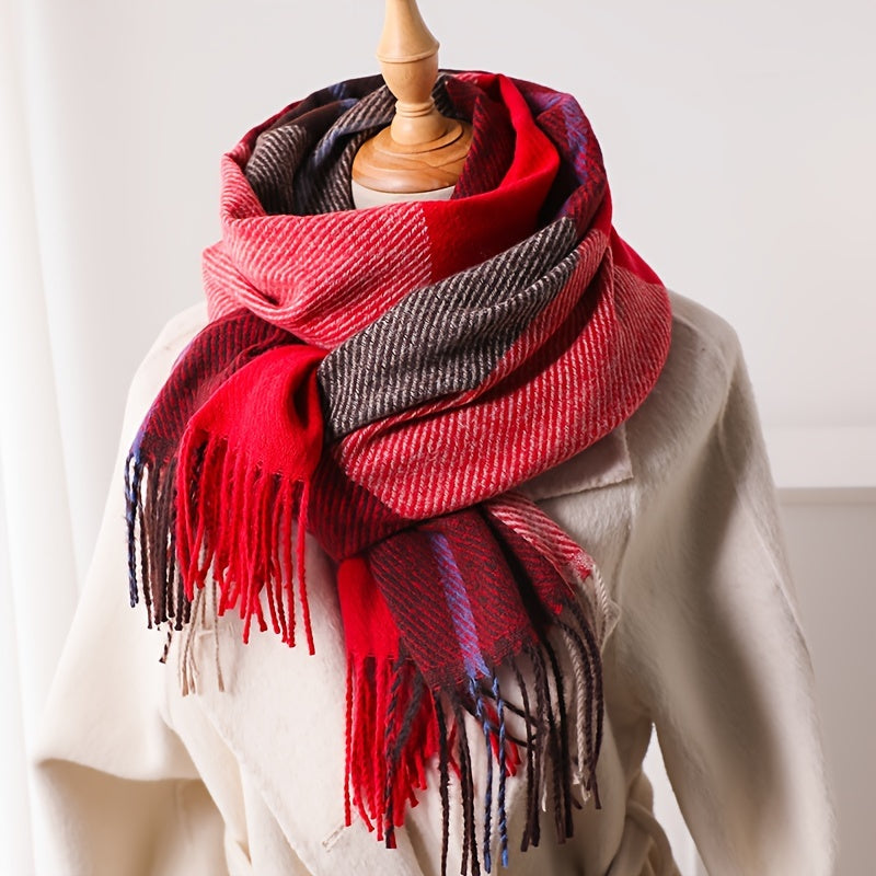 Qishki shalv ayollar uchun faux kaşmirli plaid, tasselled, vintage uslub