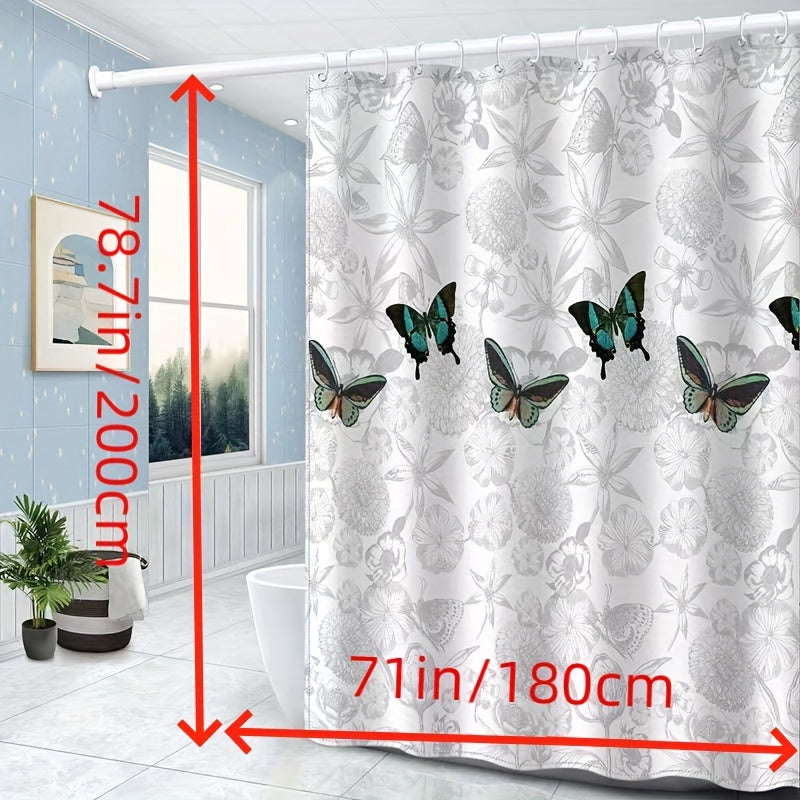 Gray Floral and Butterfly Shower Curtain Polyester Opaque Quick-Dry Machine Washable Easy No-Drill Installation