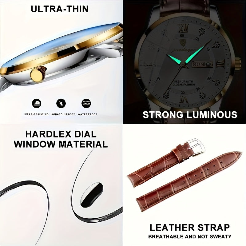 Reloj de pulsera de cuarzo para hombre, estilo casual de negocios, con fecha, agujas luminosas, caja de aleación y correa de cuero sintético