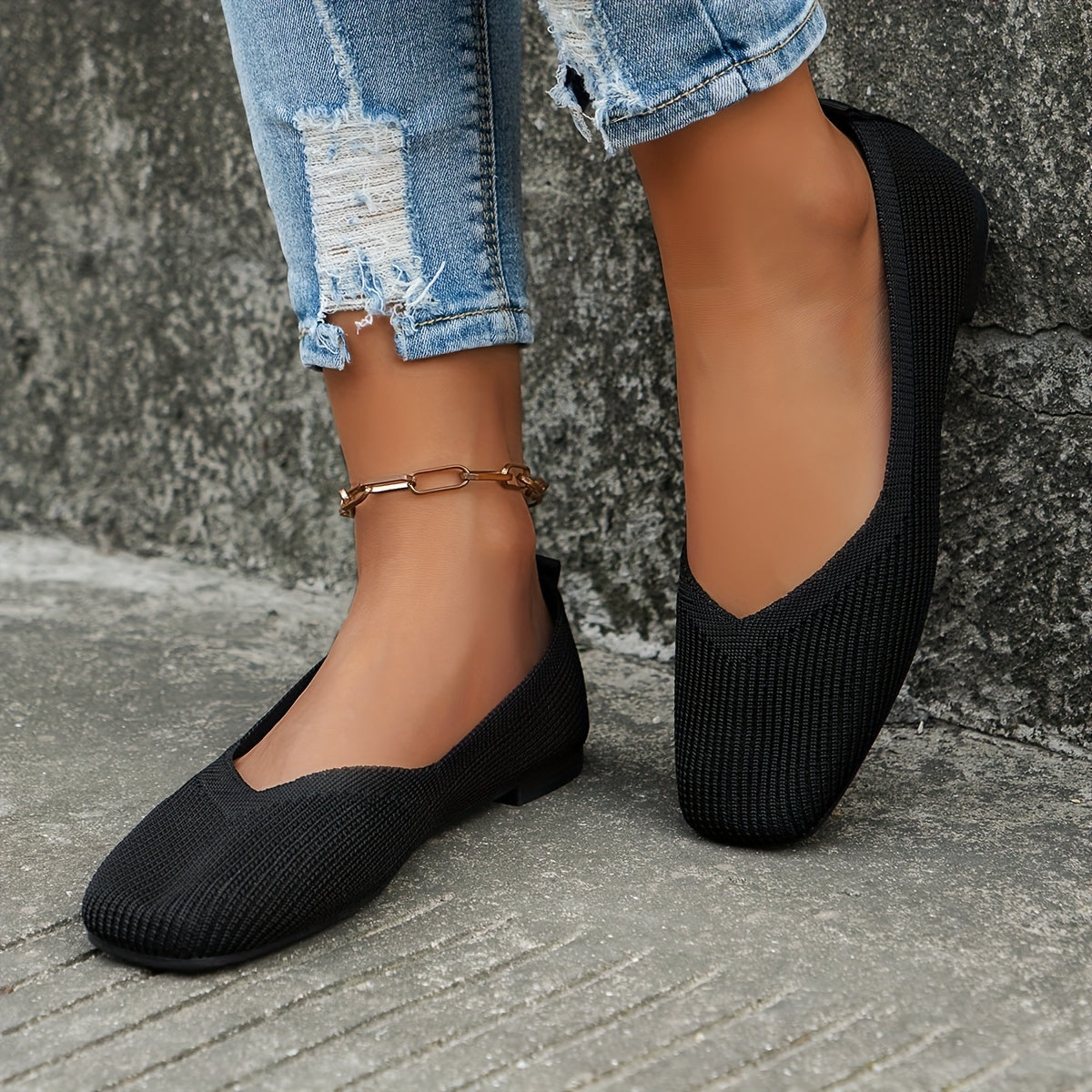 Zapatos slip-on de punto transpirable para mujer, casual, de punta cuadrada, para exteriores, ligeros, de tela