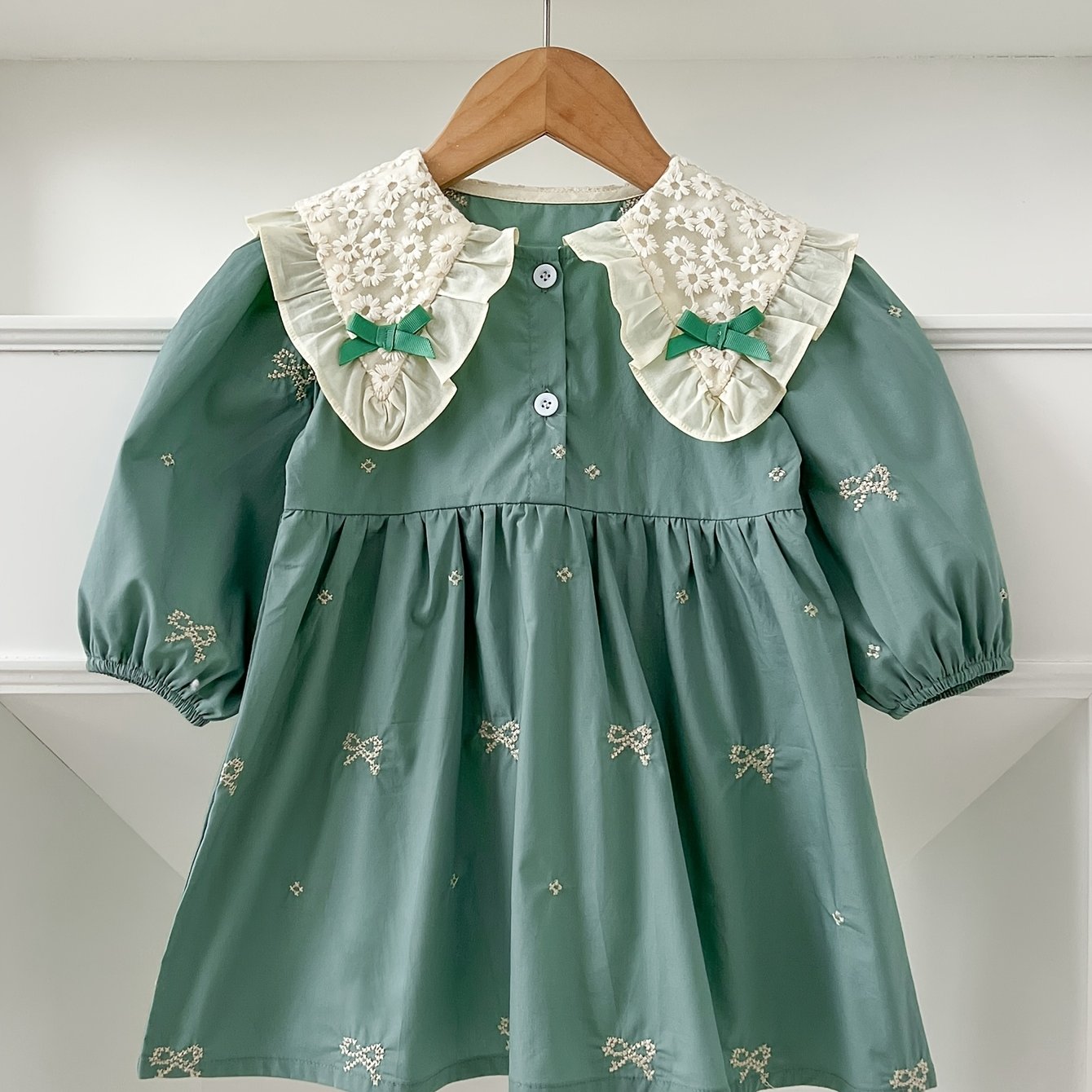 Girls' Navy Blue Cotton Princess Dress with Bow Ruffled Collar and Long Sleeves