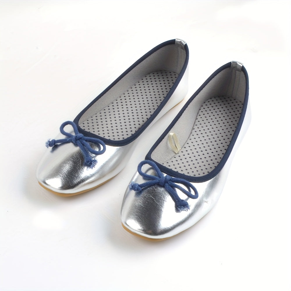 Ayollar uchun Slip-On balet tuflisi, bog‘ichli, yumshoq taglik, PU qoplamali, dumaloq burchakli toe