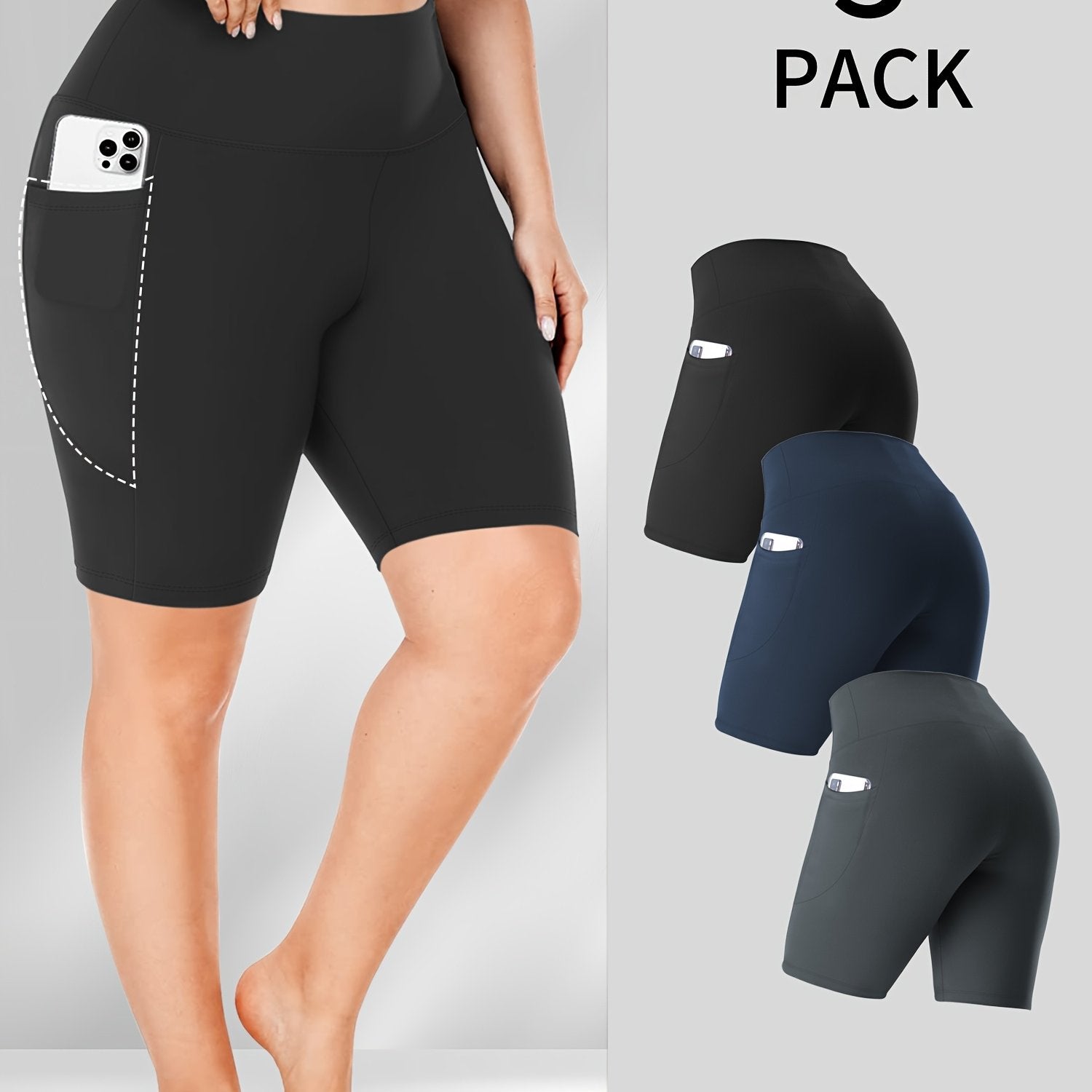 Women's High-Waist Biker Shorts Plus Size Crescent Moon Pockets Stretchy Polyester