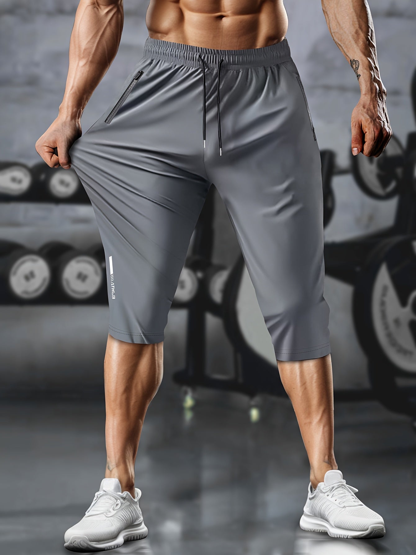 Pantalones cortos deportivos de color sólido para hombre, poliéster elastano de alta elasticidad, con bolsillos, cremallera y cordón, verano casual