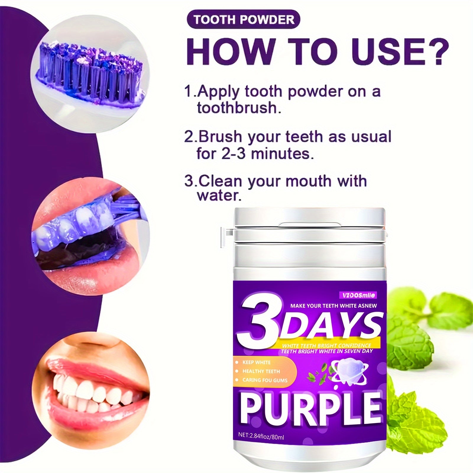 Purple Tooth Powder 80ml Natural Teeth Whitening with Honeysuckle and Mint