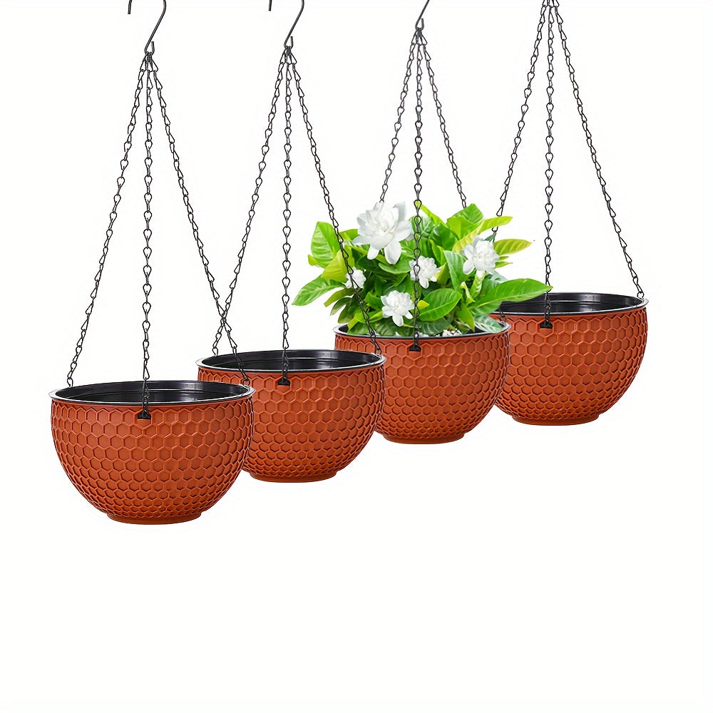 4-Pack Plastic Hanging Flower Pots with Drainage Holes and Chain Hook