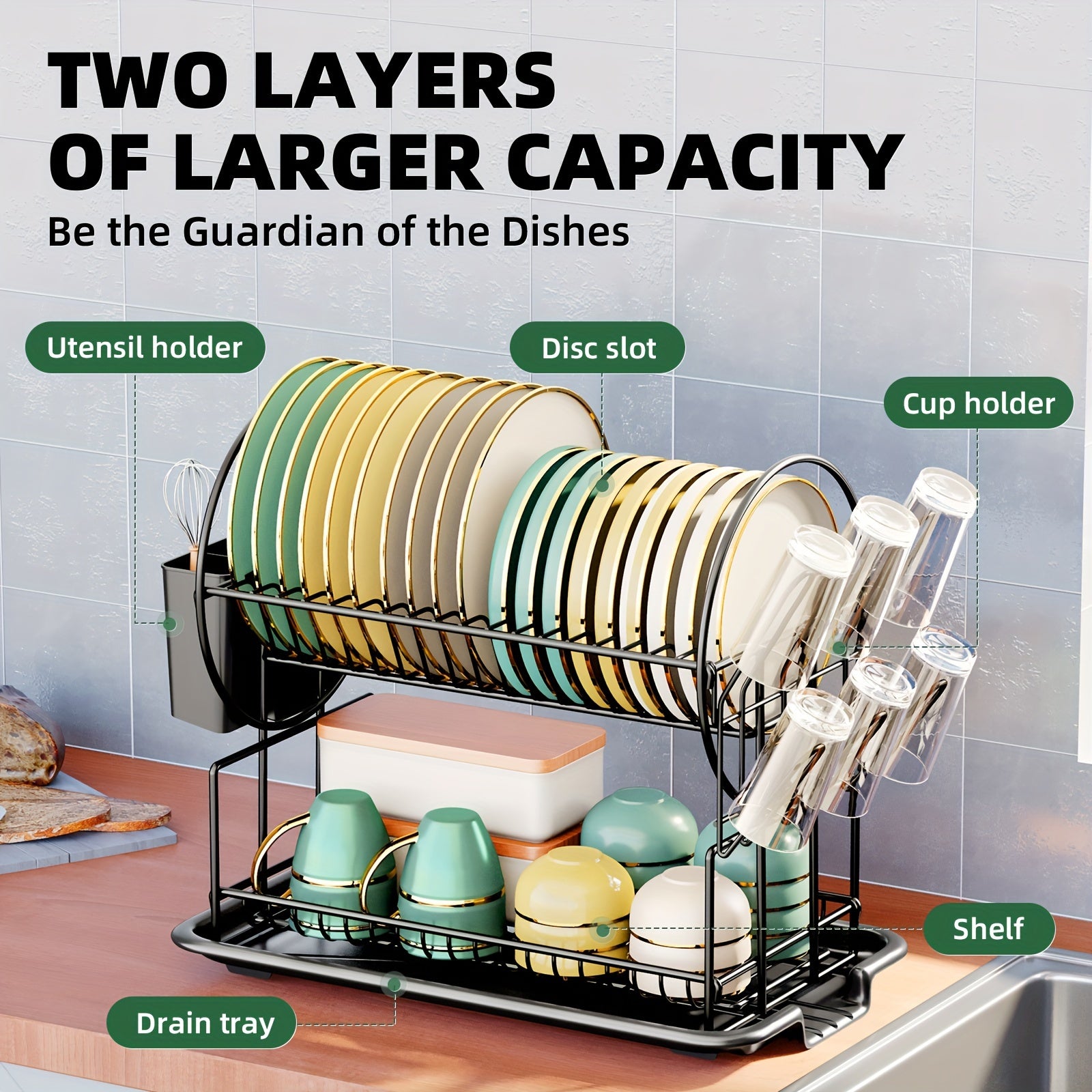 Multifunctional 2-Tier Dish Drying Rack with Utensil Holders and Drainboard for Kitchen Countertop