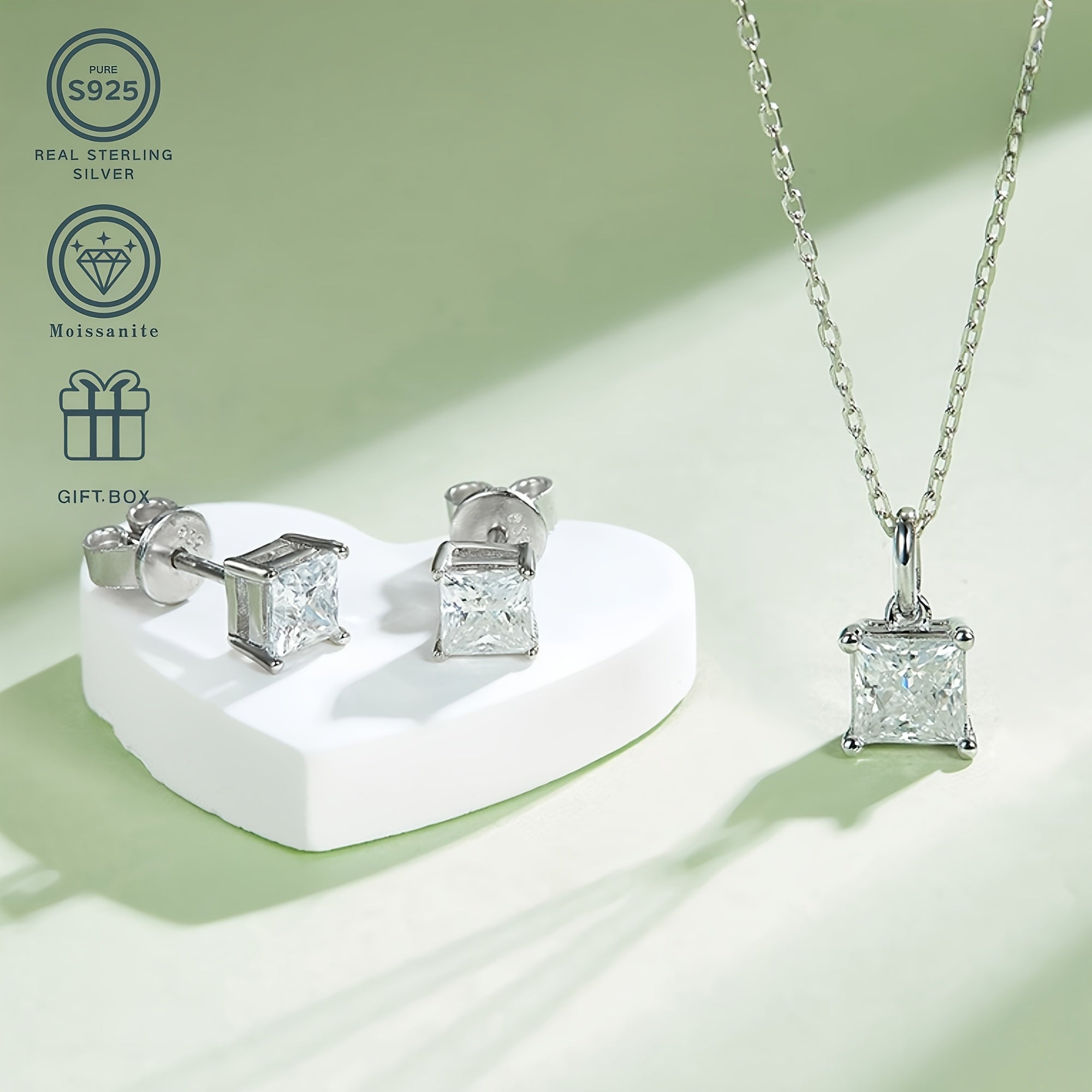 Sterling Silver Moissanite Jewelry Set Square Pendant Stud Earrings Wedding Birthday Gift