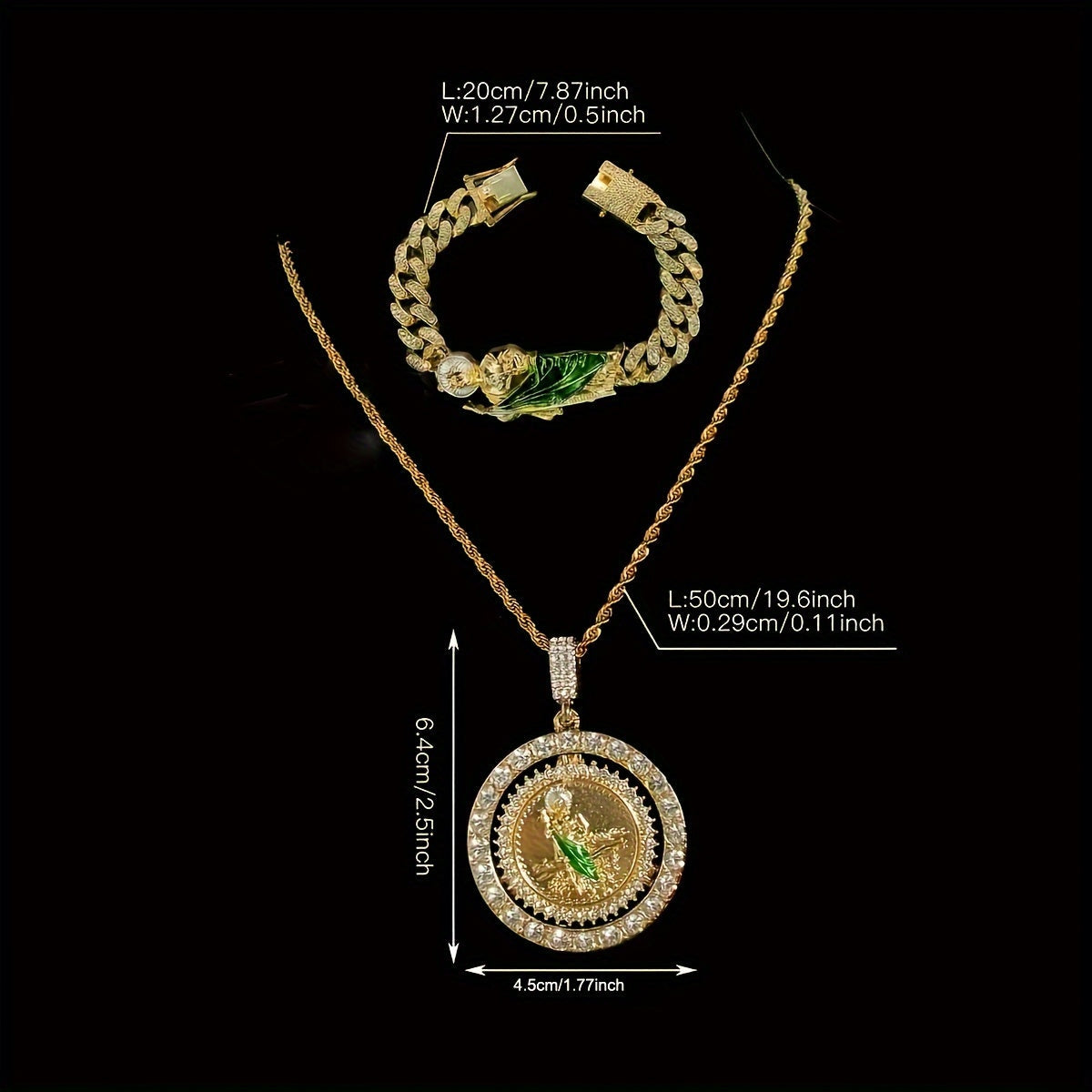 Uniseks zargarlik to'plami, zanglamaydigan po'latdan yasalgan diniy ramzlar, pendants va bilaguzuk, yashil emal bilan