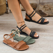 Women’s Summer Flat Sandals PU Cover Elastic Ankle Woven Ribbon Open Toe