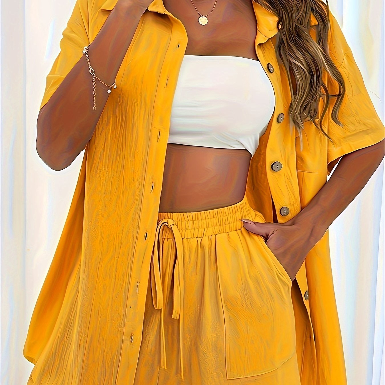 Conjunto casual de dos piezas para mujer de poliéster, camisa de botones y pantalones cortos con cordón