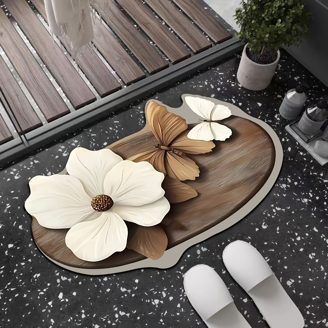 3D Flower Butterfly Pattern Non-Slip Bathroom Rug Water-Absorbent Quick-Drying Oval