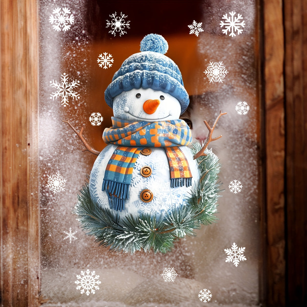 Double-Sided Christmas Snowman Window Cling Blue Hat Scarf Holiday Decor