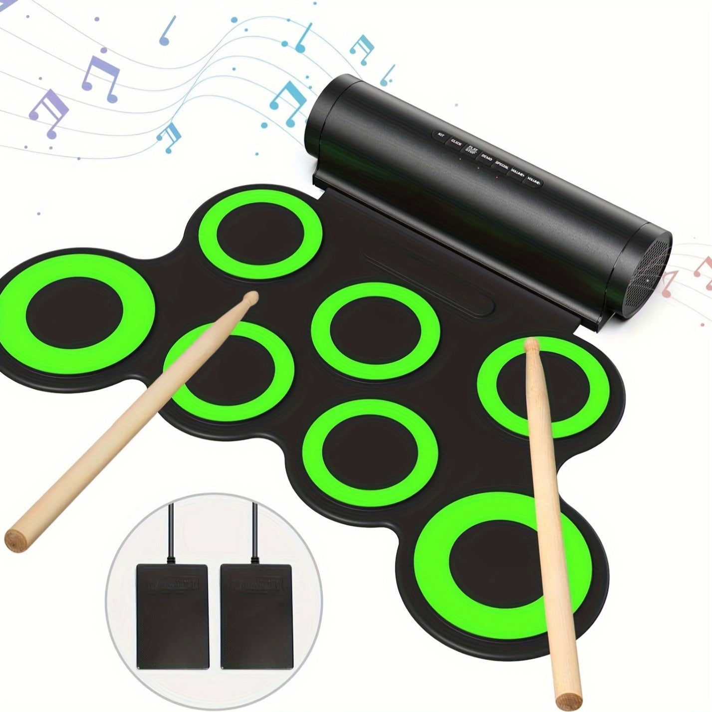 Set de batería eléctrica para niños con roll-up y auriculares, recargable por USB, material ABS, color verde