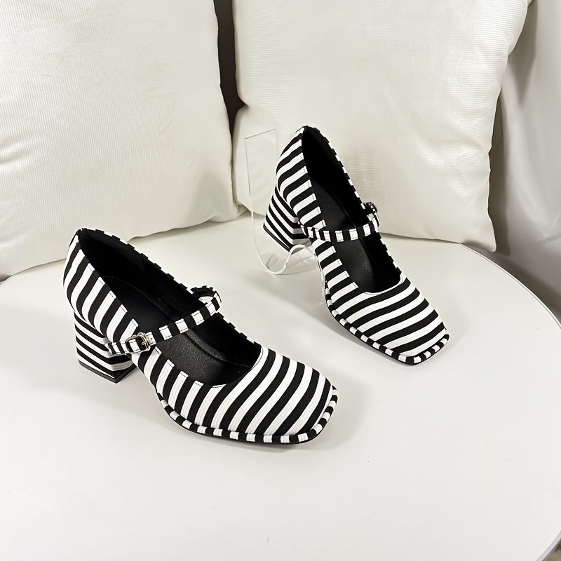 Women’s Striped Pattern Mary Jane Pumps Square Toe Block Heel