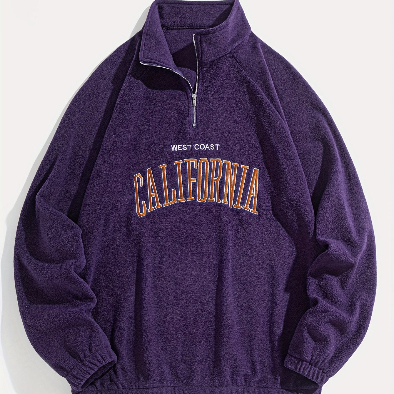 Men's Embroidered Fleece Pullover with Quarter-Zip Stand Collar Casual Long Sleeve Polyester Blend