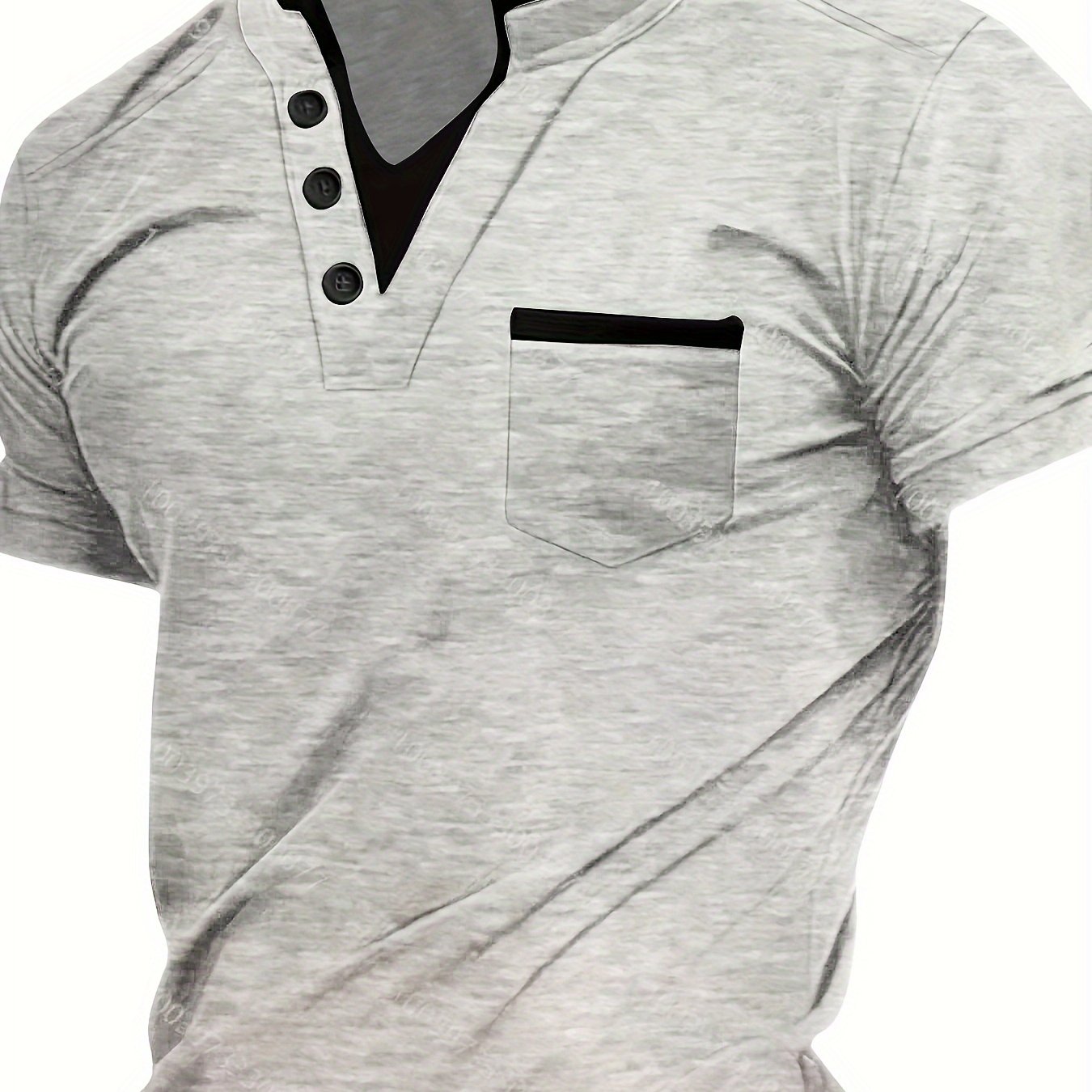 Erkaklar uchun klassik ko'k V-shaklidagi Henley ko'ylagi, ko'krak cho'ntagi bilan, polyester aralashmasidan tayyorlangan, yozgi norasmiy yoki ish kiyimlari uchun ideal, KATTA O'LCHAM, qisqa yeng, oddiy kesim