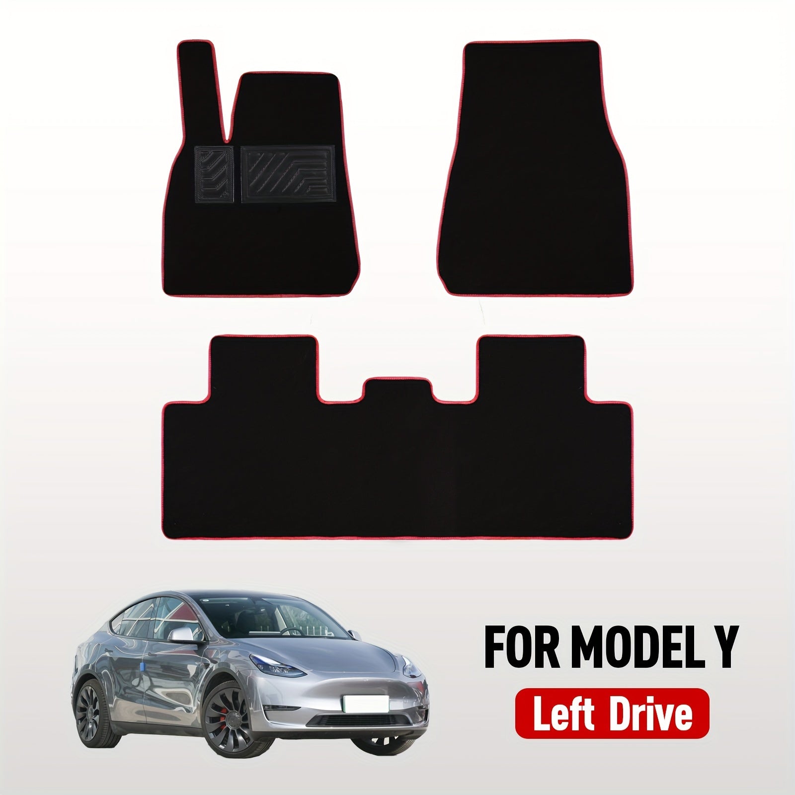 Custom All-Weather Carpet Floor Mats for Tesla Model Y Left Drive Red Edging