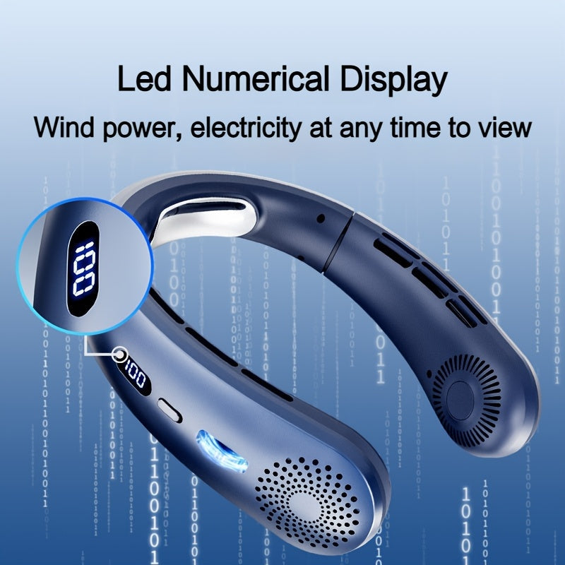 Adjustable USB Neck Fan with LED Display, Silent Operation, 100-Speed Control