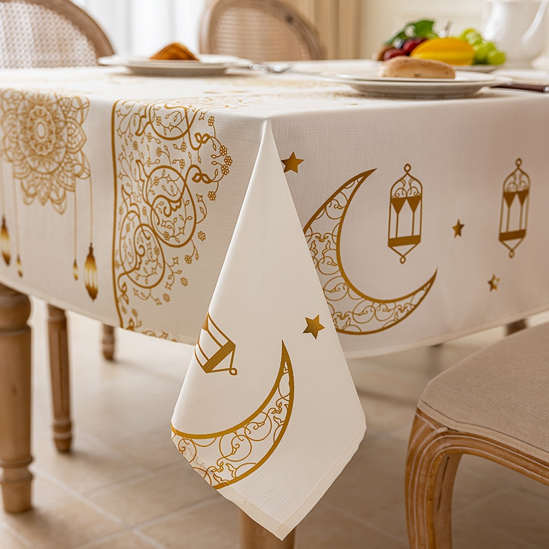 Bohemian Geometric Ramadan Eid Al-Fitr Tablecloth with Golden Moon and Star Design 100% Polyester