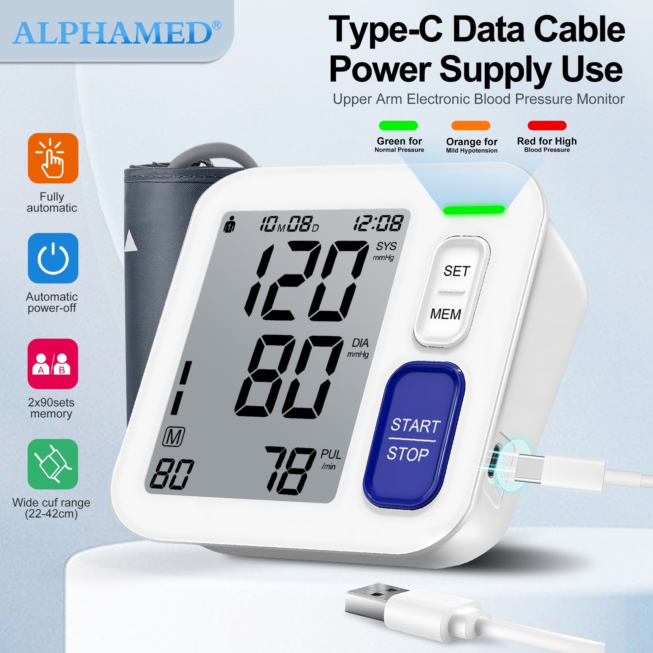 Automatic Upper Arm Blood Pressure Monitor with Large Cuff 180 Memory Battery Powered
