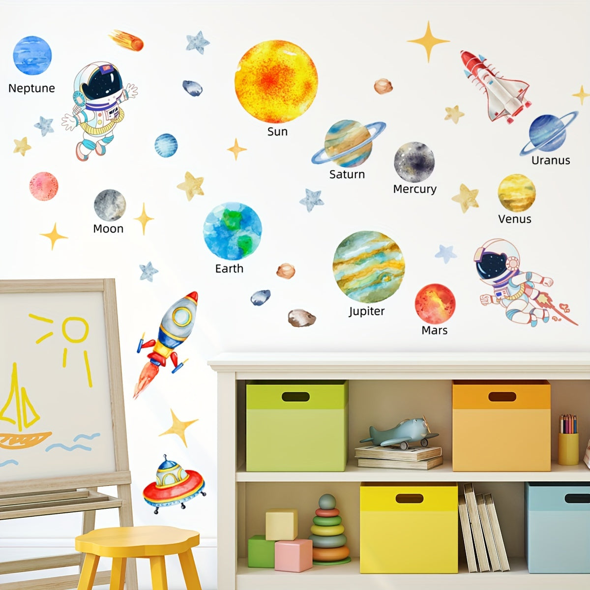 Space Themed Wall Decals Set with Astronauts Stars UFOs Planets and Spaceships 160x80cm